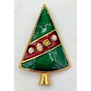 Vintage LIA Signed Christmas Tree Brooch Pin Enamel Green & Red Stones Gold Tone